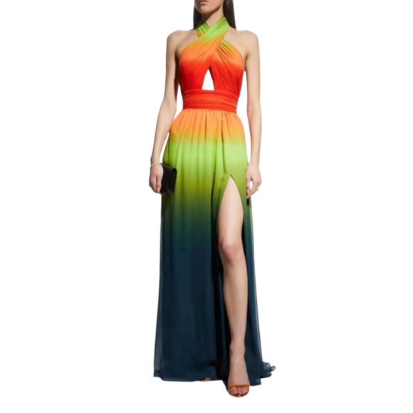 Elie Saab Crossover Halter Thigh-Slit Ombre Silk Gown